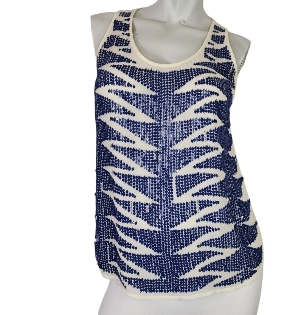 Hazel SZ Small Tank Top Blue & Cream Sequin Geometric Lightweight Festival